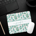 Whimsical green white cactus pattern monogrammed mouse pad<br><div class="desc">A chic white background decorated with a whimsical pattern of painted cactus, cacti and succulents and red and green hearts. For teen girls and women. Personalize and add your name. The name is written with a large modern hand lettered style script. Green colored letters. To keep the swashes only delete...</div>