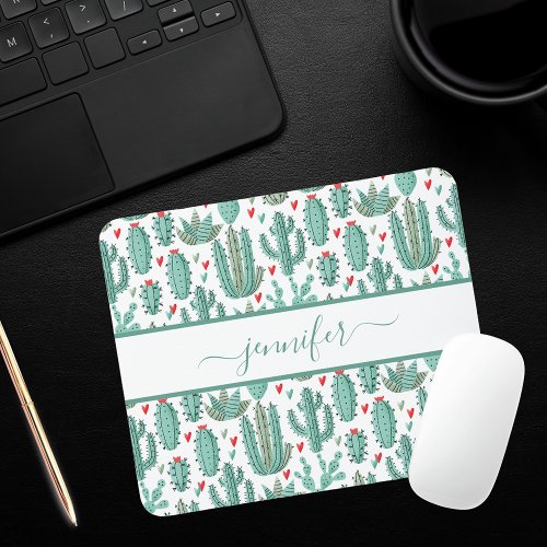 Whimsical green white cactus pattern monogrammed mouse pad