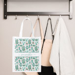 Whimsical green white pattern cactus monogram grocery bag<br><div class="desc">A chic white background decorated with a whimsical pattern of painted cactus, cacti and succulents and red and green hearts. For teen girls and women. Personalize and add your name. The name is written with a large modern hand lettered style script. Green colored letters. To keep the swashes only delete...</div>