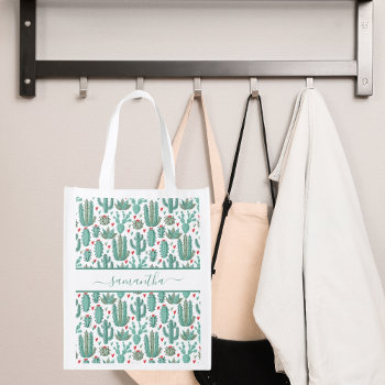 Whimsical Green White Pattern Cactus Monogram Grocery Bag by Thunes at Zazzle