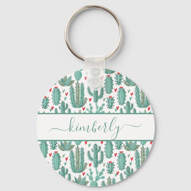 Whimsical green white pattern cactus monogram keychain (Front)