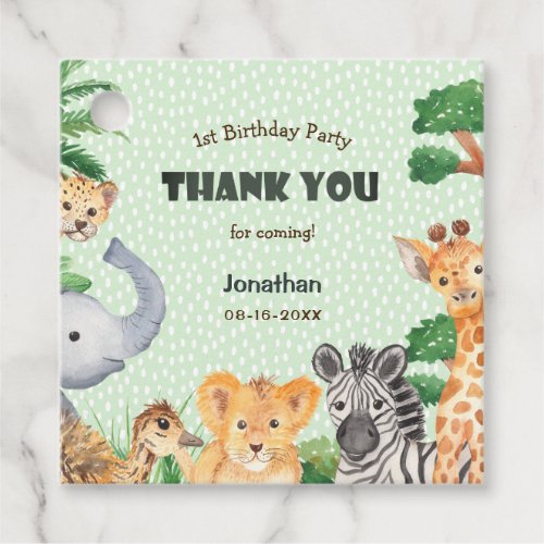 Whimsical Green Wild One Boy Birthday Rainy Jungle Favor Tags