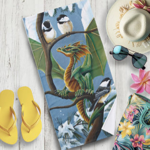 Whimsical Green Winter Fantasy Dragon Chickadees Bath Towel