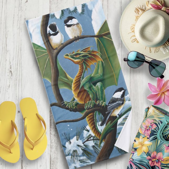 Whimsical Green Winter Fantasy Dragon Chickadees Bath Towel (Creator Uploaded)