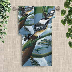 Whimsical Green Winter Fantasy Dragon Chickadees Bath Towel Set