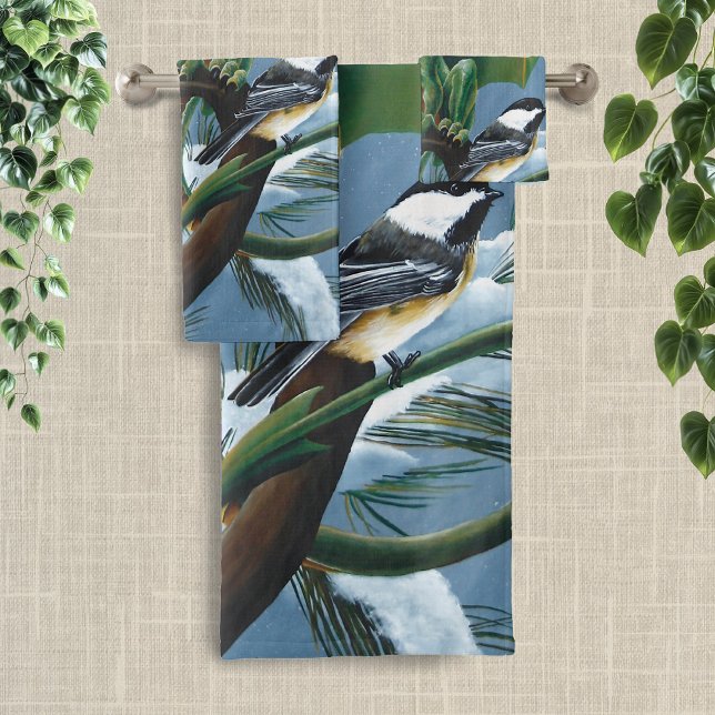 Whimsical Green Winter Fantasy Dragon Chickadees Bath Towel Set (Creator Uploaded)