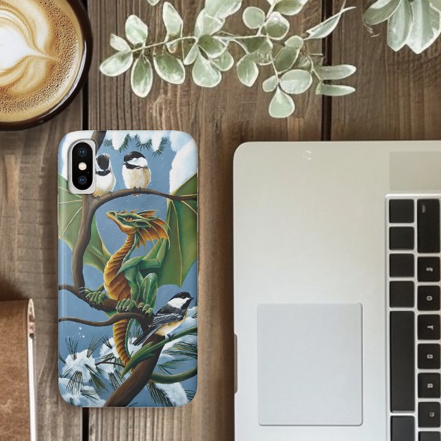 Whimsical Green Winter Fantasy Dragon Chickadees Case-Mate iPhone Case (Creator Uploaded)