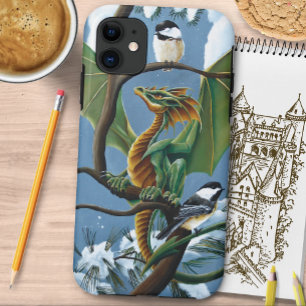 Whimsical Green Winter Fantasy Dragon Chickadees iPhone 11 Case