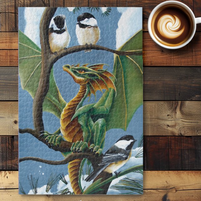Whimsical Green Winter Fantasy Dragon Chickadees Jigsaw Puzzle (Creator Uploaded)