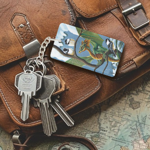 Whimsical Green Winter Fantasy Dragon Chickadees Keychain