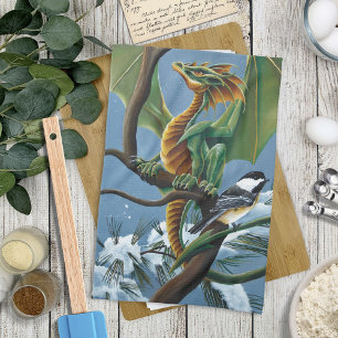 Whimsical Green Winter Fantasy Dragon Chickadees Kitchen Towel