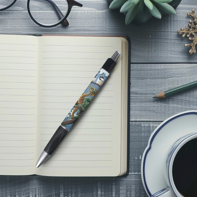 Whimsical Green Winter Fantasy Dragon Chickadees Pen (Creator Uploaded)