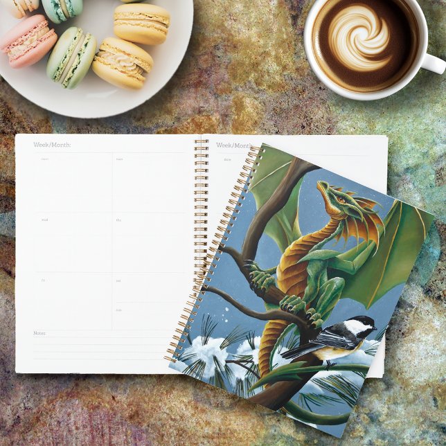 Whimsical Green Winter Fantasy Dragon Chickadees Planner (Creator Uploaded)
