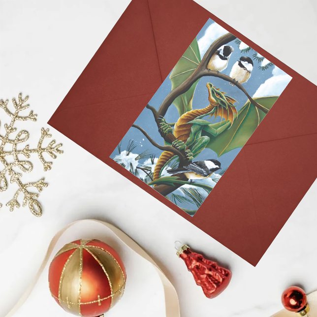 Whimsical Green Winter Fantasy Dragon Chickadees Rectangular Sticker (Creator Uploaded)