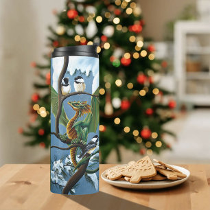 Whimsical Green Winter Fantasy Dragon Chickadees Thermal Tumbler