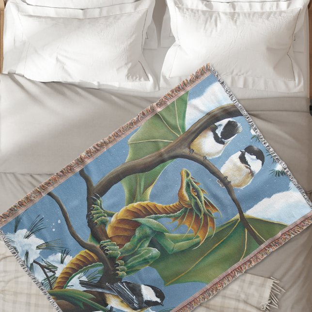 Whimsical Green Winter Fantasy Dragon Chickadees Throw Blanket (Creator Uploaded)