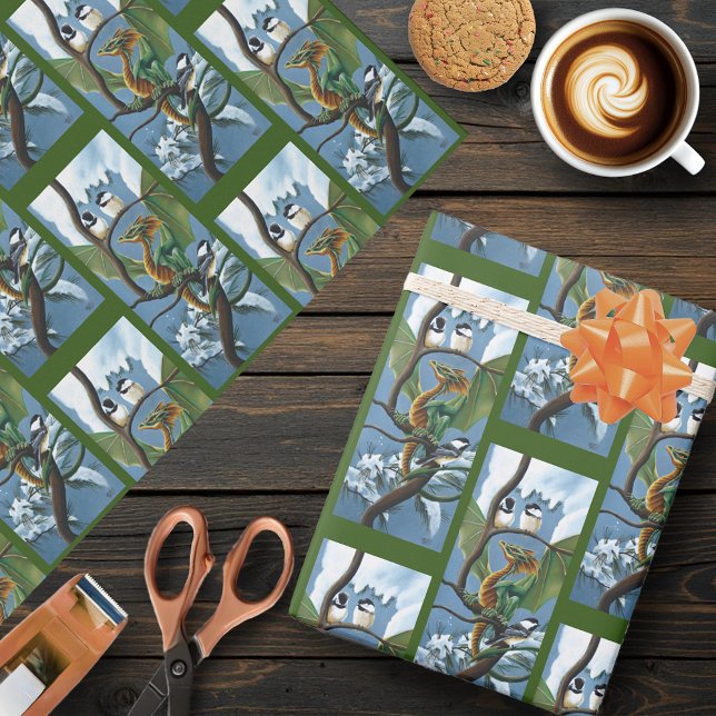 Whimsical Green Winter Fantasy Dragon Chickadees Wrapping Paper (Creator Uploaded)