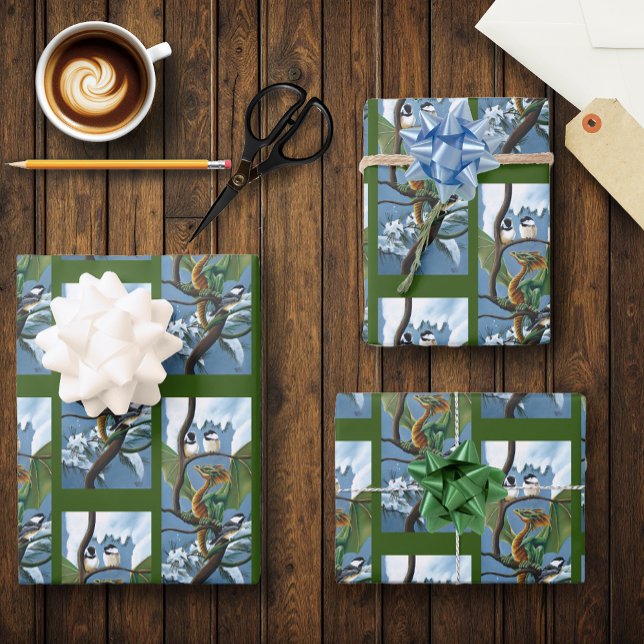 Whimsical Green Winter Fantasy Dragon Chickadees Wrapping Paper Sheets (Creator Uploaded)