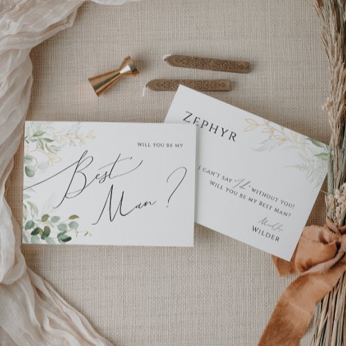 Whimsical Greenery and Gold Best Man Proposal Card