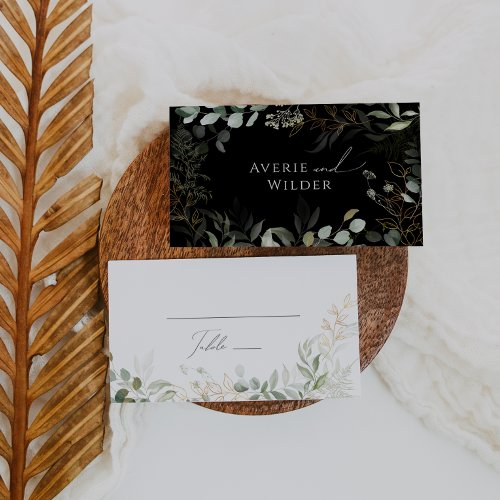 Whimsical Greenery and Gold  Black and White Flat Place Card