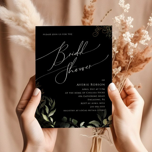 Whimsical Greenery and Gold | Black Bridal Shower Invitation (Creator Uploaded)