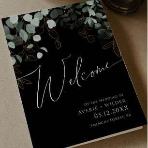 Whimsical Greenery and Gold Black Folded Wedding Program