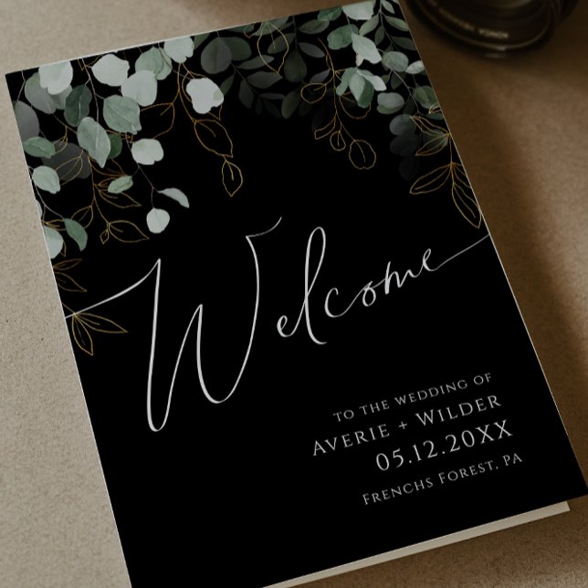 Whimsical Greenery and Gold | Black Folded Wedding Program (Creator Uploaded)