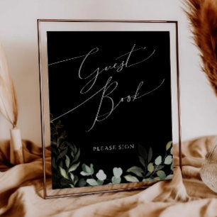 Whimsical Greenery and Gold Black Guest Book Sign