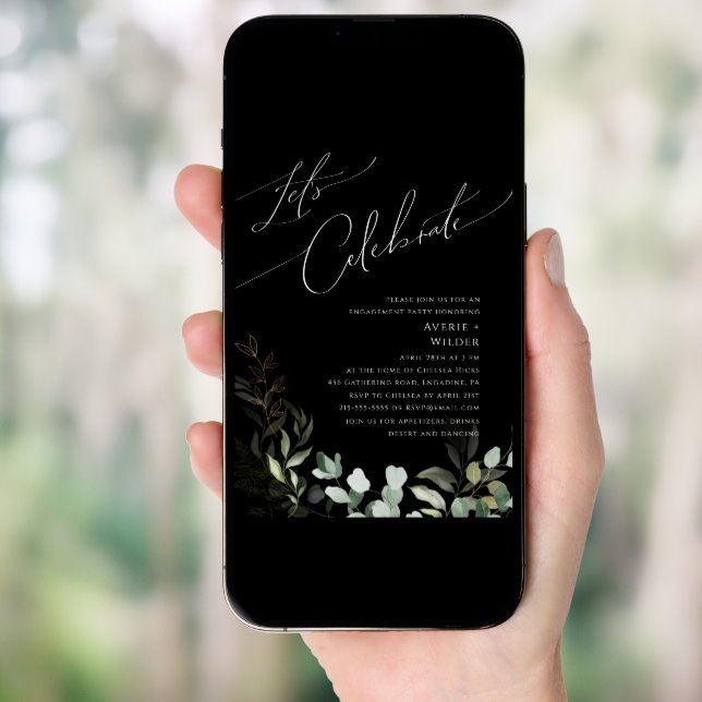 Whimsical Greenery and Gold Black Let's Celebrate Invitation (Front Digital)