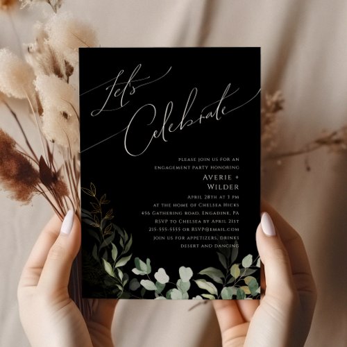 Whimsical Greenery and Gold Black Lets Celebrate Invitation
