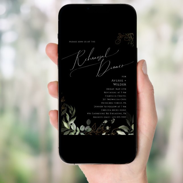 Whimsical Greenery and Gold Black Rehearsal Dinner Invitation (Front Digital)