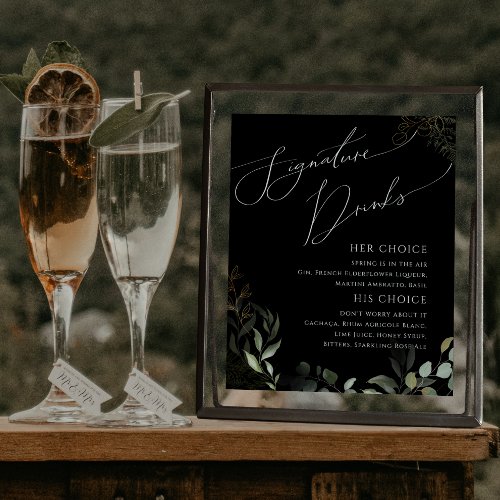 Whimsical Greenery and Gold Black Signature Drinks Poster