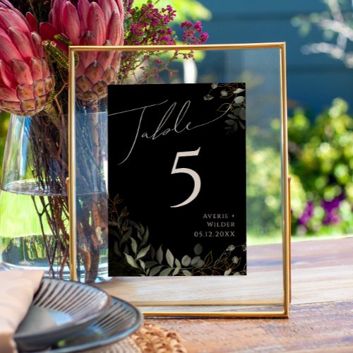 Whimsical Greenery and Gold  Black Table Number