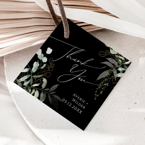 Whimsical Greenery and Gold  Black Thank You Favor Tags
