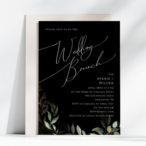 Whimsical Greenery and Gold  Black Wedding Brunch Invitation