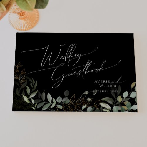 Whimsical Greenery and Gold  Black Wedding Guest Book