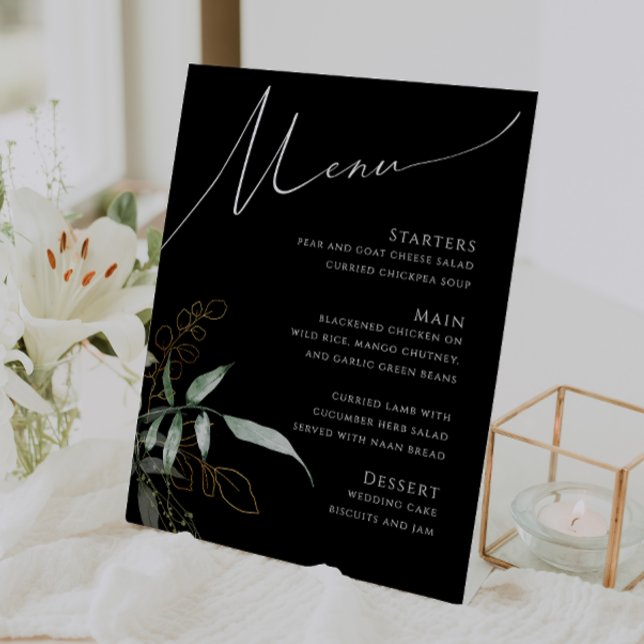 Whimsical Greenery and Gold | Black Wedding Menu Pedestal Sign (Creator Uploaded)