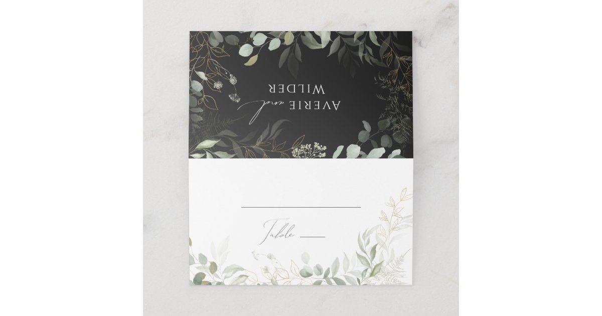 Whimsical Greenery and Gold | Black/White Folded Place Card | Zazzle