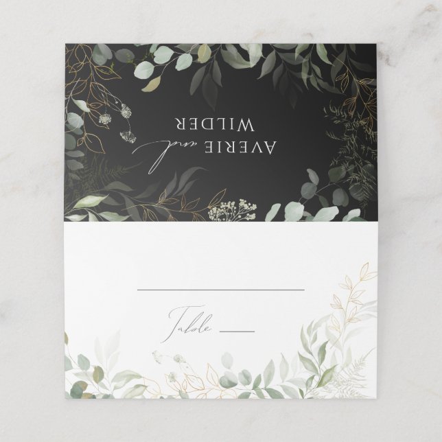 Whimsical Greenery and Gold | Black/White Folded Place Card (Outside Unfolded)