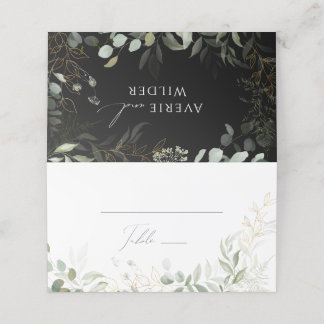 Whimsical Greenery and Gold | Black/White Folded Place Card