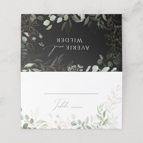 Whimsical Greenery and Gold  BlackWhite Folded Place Card