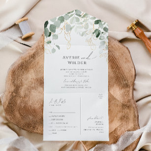 Whimsical Greenery and Gold Casual Seal And Send All In One Invitation