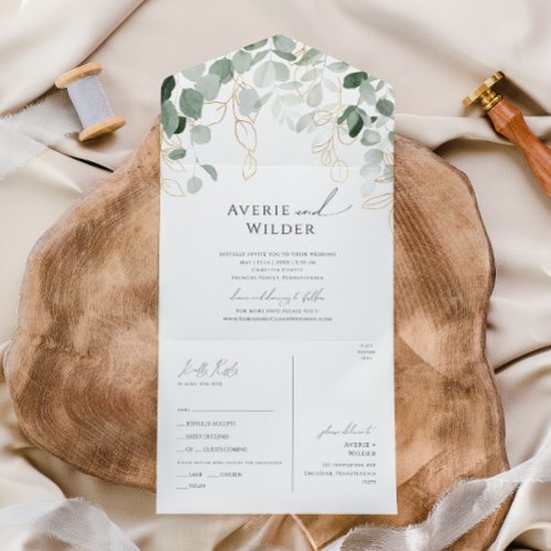 Whimsical Greenery and Gold Casual Seal And Send All In One Invitation