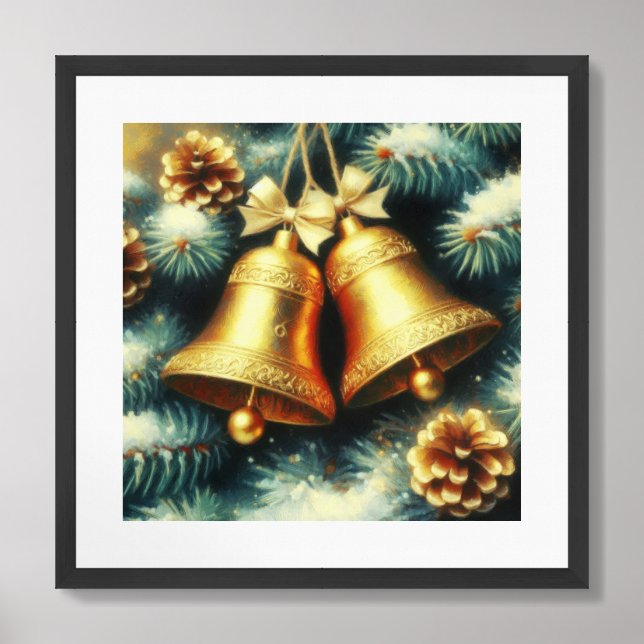 Whimsical greenery and gold Christmas bells Framed Art (Framed Front)
