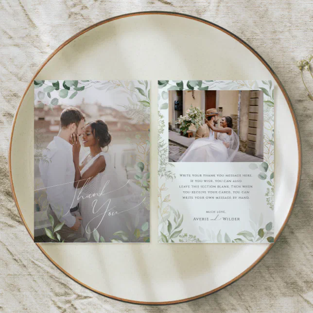 Whimsical Greenery and Gold Flat Faded Photo Thank You Card | Zazzle