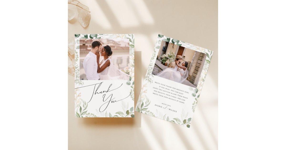 Whimsical Greenery and Gold Flat Photo Thank You Card | Zazzle