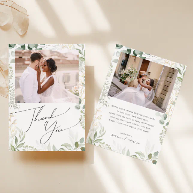 Whimsical Greenery and Gold Flat Photo Thank You Card | Zazzle