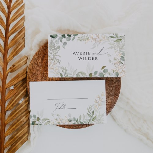 Whimsical Greenery and Gold  Flat Wedding Place Card