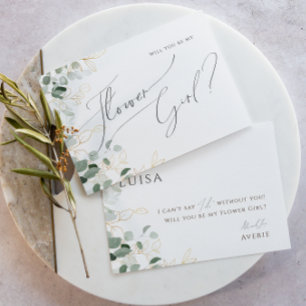 Whimsical Greenery and Gold Flower Girl Card