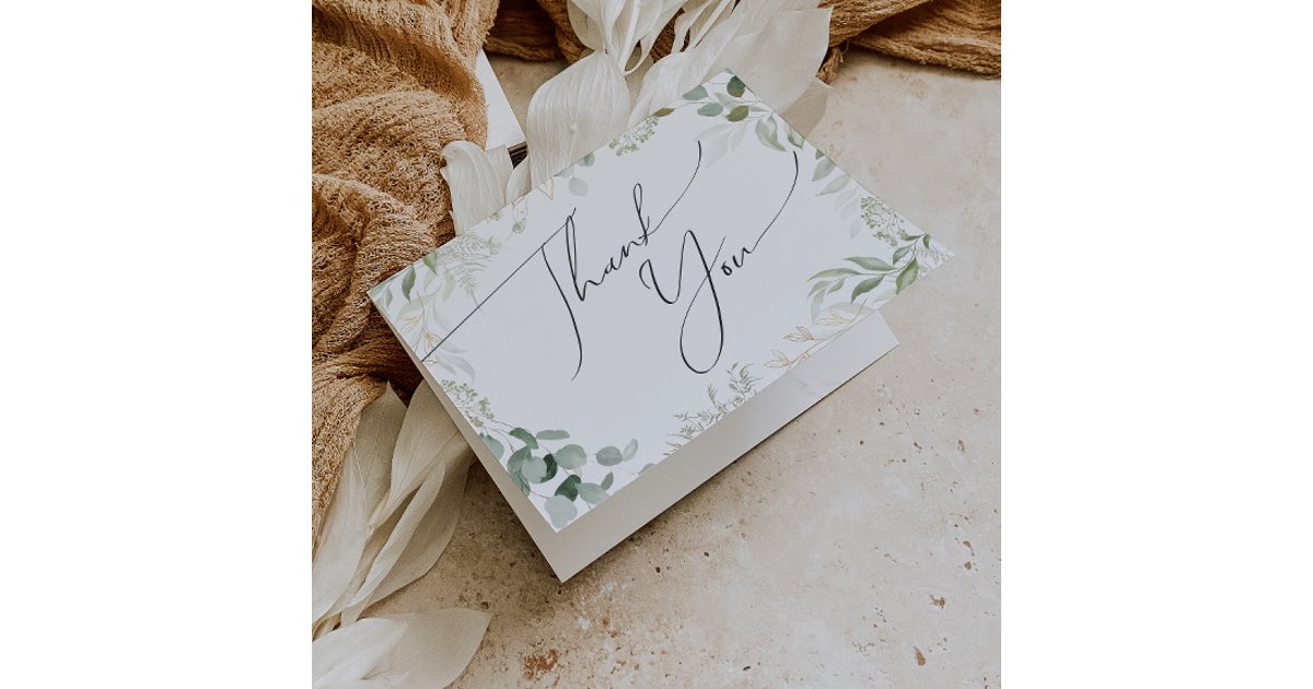 Whimsical Greenery and Gold Folded Thank You Card | Zazzle